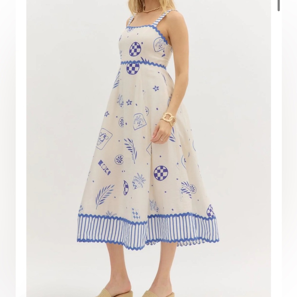 New Blue and White Beach Pattern Midi Sundress